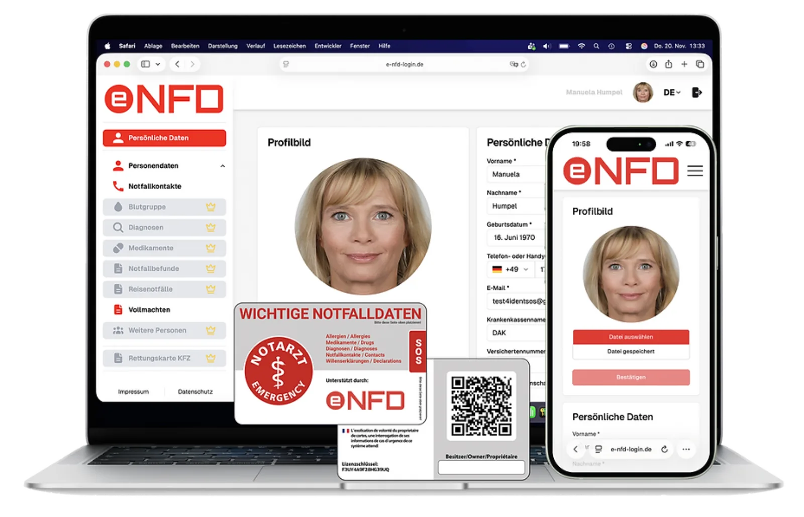 Die Notfallkarte mit Notarzt-Emblem und QR-Code, davor das geöffnete Notfallplaner-Portal auf Laptop und Smartphone