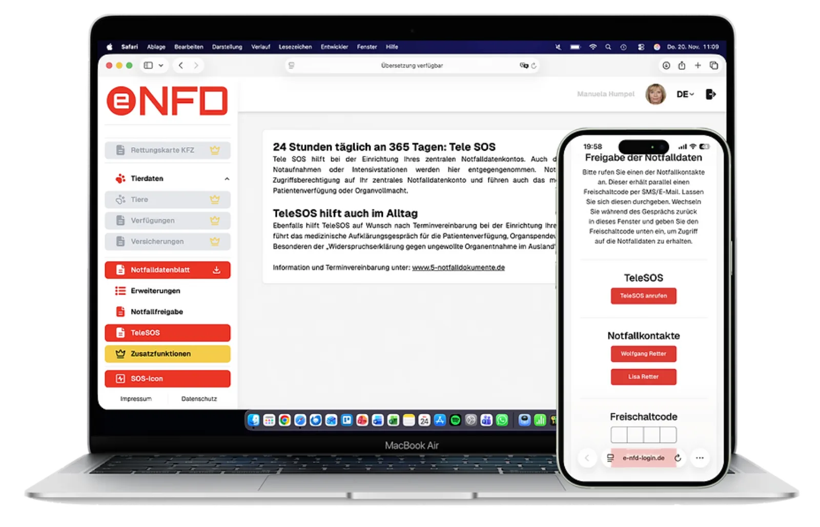 Die TeleSOS-Seite des Portals: Notfallbereitschaft an 365 Tagen im Jahr, daneben die Freigabeansicht auf dem Smartphone